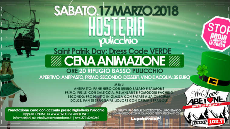 Cena Animazione Hosteria Pulicchio Abetone: Saint Patrik Day