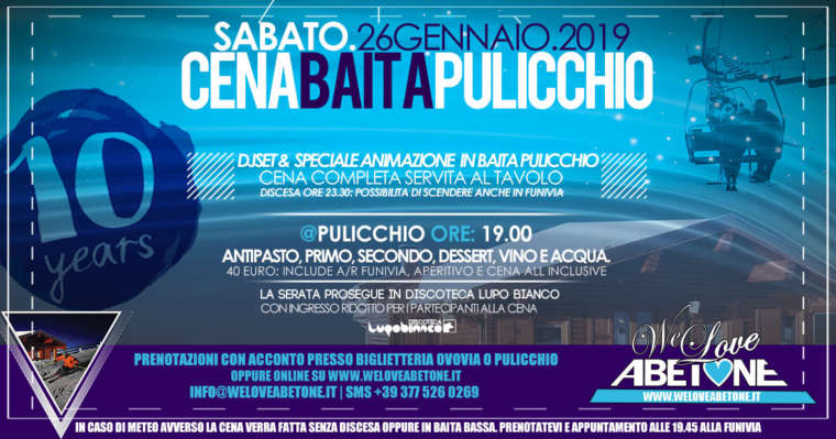 Cena Baita Pulicchio 26 Gennaio 2019: Aperitivo, Cena e Discesa Notturna