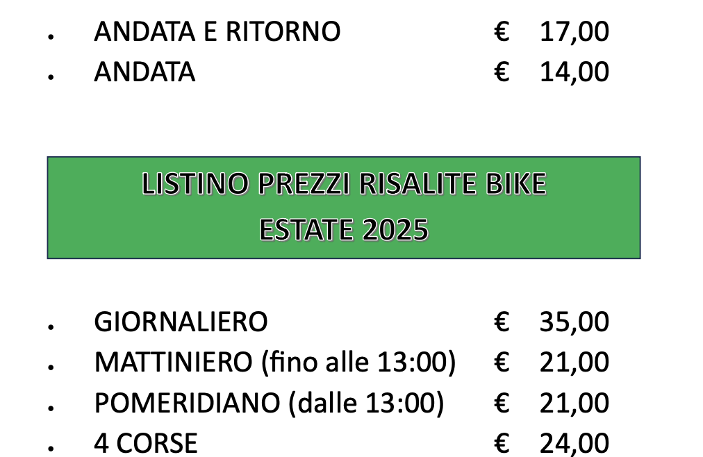 Orari e prezzi Estate 2025