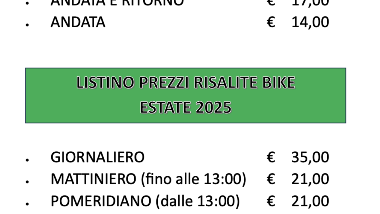 Orari e prezzi Estate 2025